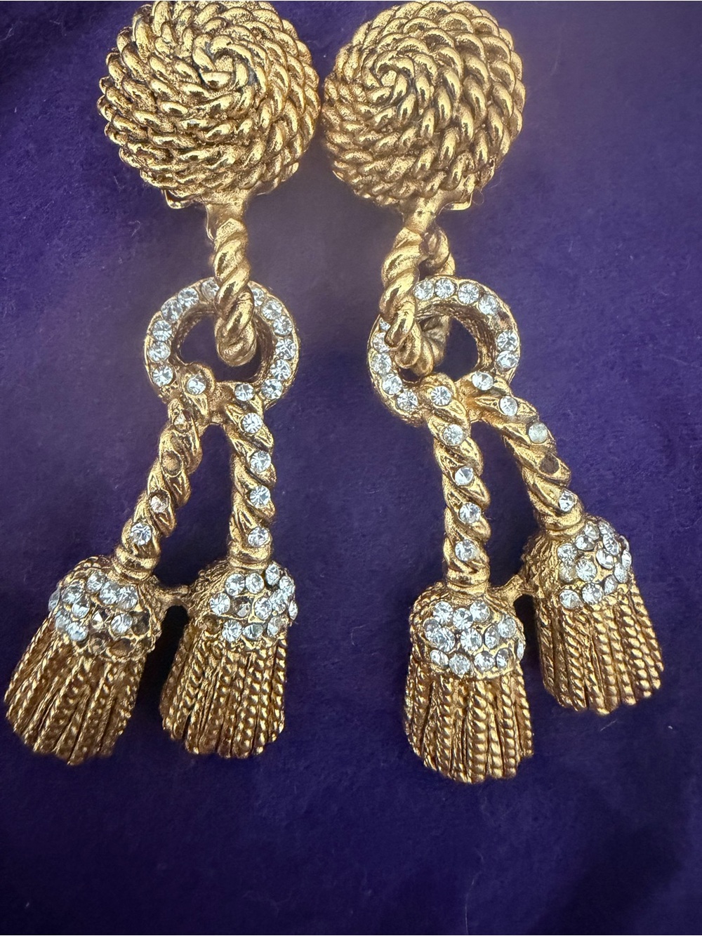Vintage Gold-Tone Rope Tassel Drop Earrings with Crystal Accents. Clips!